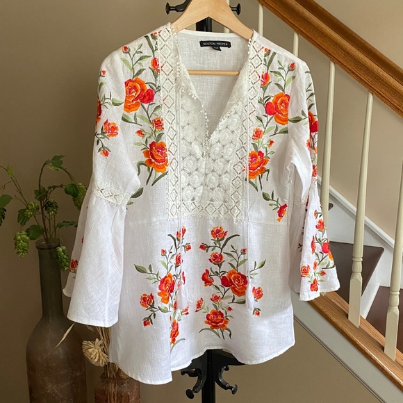 Boston Proper Embroidery Floral Bell Sleeve Linen Blouse White Orange Medium - Picture 1 of 16